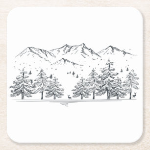 Winter Wedding Mountain Rustic Country Tree Nature Square Paper Coaster