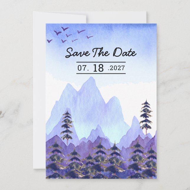 Winter Wedding Mountain Trees Editable Party Invitation (Back)