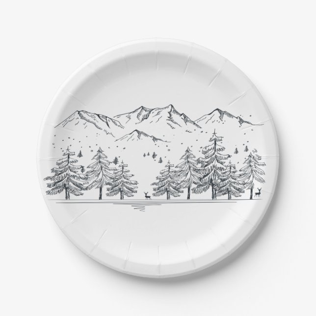 Winter Wedding Mountains Nature Trees Country Paper Plates (Front)