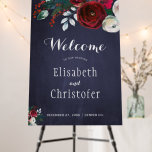 Winter wedding navy burgundy floral welcome sign<br><div class="desc">Rustic chic wedding sign foam board with watercolor red burgundy and white peonies and winter seasonal fir branches,  red berries,  and foliage and with custom script lettering on a dark midnight navy blue chalkboard background             Suitable for Christmas themed rustic floral winter weddings.</div>