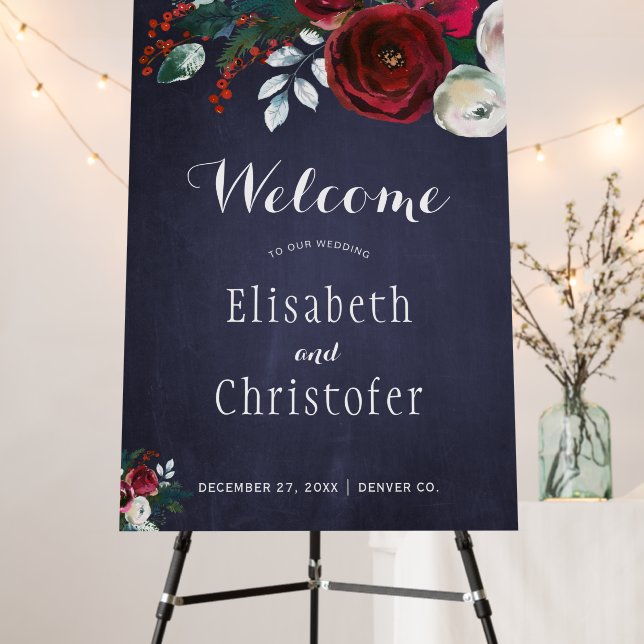 Winter wedding navy burgundy floral welcome sign (In Situ (Stand))