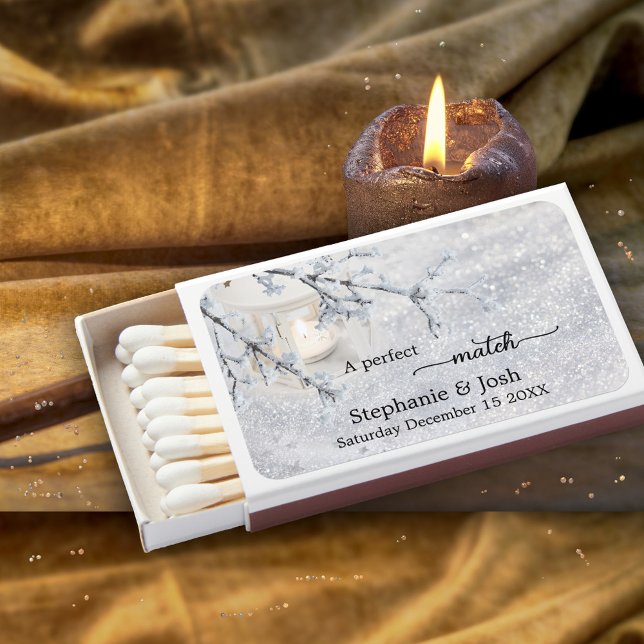 Winter Wedding or Christmas Sparkling Snow Matchboxes (Matchboxes featuring a winter scene with a candle lit lantern on sparkling snow)