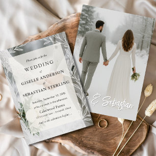 Winter Wedding Photo Floral Script  Invitation