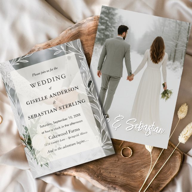 Winter Wedding Photo Floral Script  Invitation (Creator Uploaded)