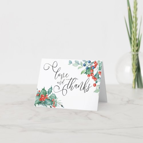 Winter Wedding Photo Holly Pine and Berries Thank You Card