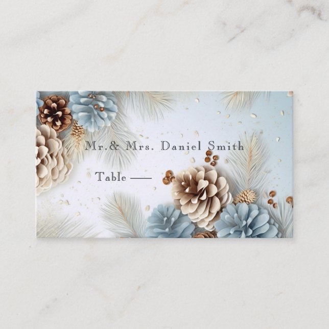 Winter Wedding Pine Cones Blue Brown White Place Card (Front)