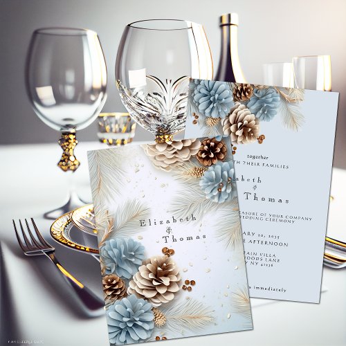 Winter Wedding Pine Cones Modern Blue Brown White  Invitation