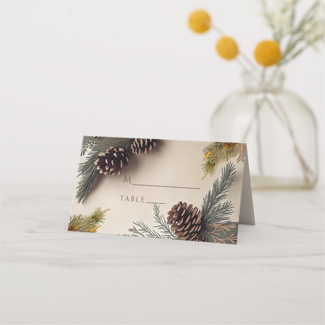 Winter Wedding Pine Cones Pine Needles Place Card (Front)