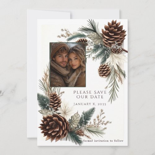 Winter Wedding Pine Cones Pine Needles Save The Date