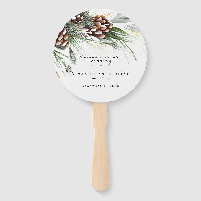 Winter Wedding Pine Cones Snow Pine Branches   Hand Fan (Front)