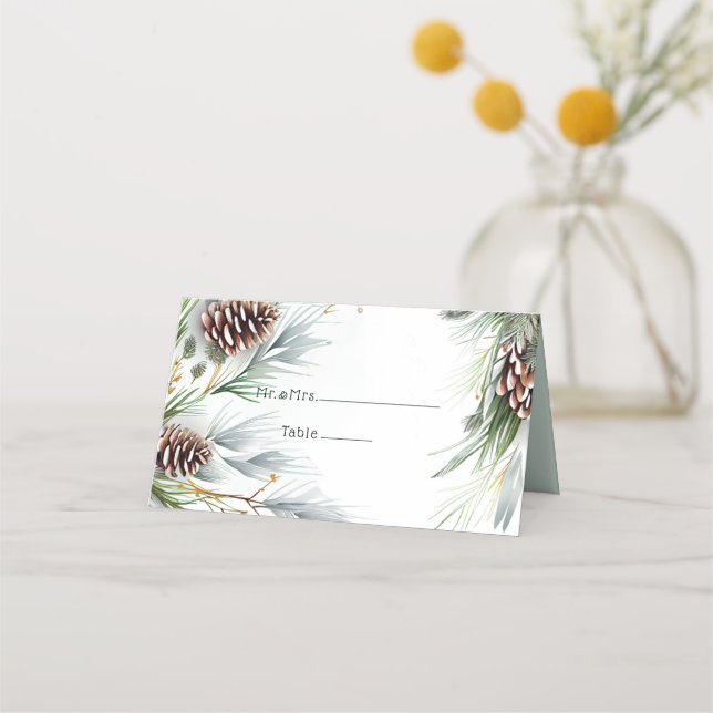 Winter Wedding Pine Cones Snow Pine Branches   Place Card (Back)