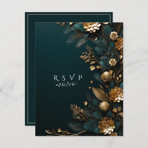 Winter Wedding Pine Cones with Gold Pine Needles RSVP Card