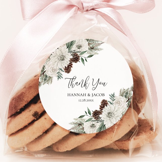Winter Wedding Pine Favor Thank You Classic Round Sticker (Creator Uploaded)