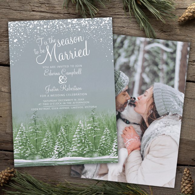 Winter wedding pine lake gray green art photo invitation (Creator Uploaded)