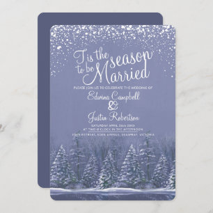 Winter wedding pine trees lake blue art invitation