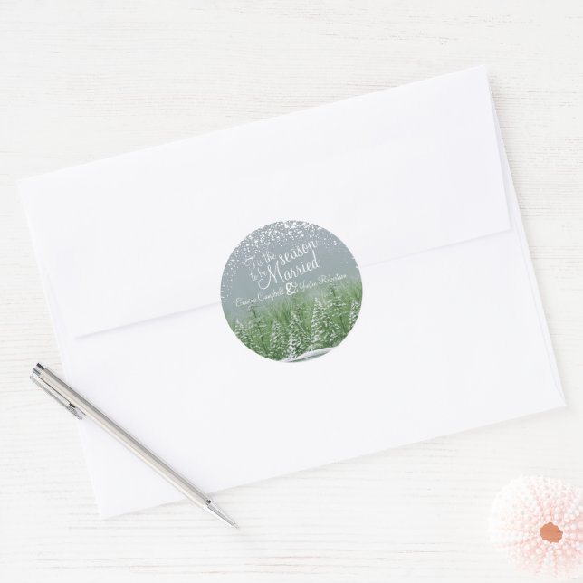Winter wedding pine trees lake green gray art classic round sticker (Envelope)