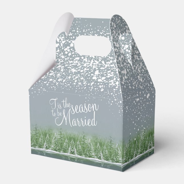 Winter wedding pine trees lake green gray art favor boxes (Back Side)