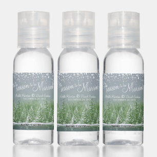 Winter wedding pine trees lake green gray art hand sanitizer