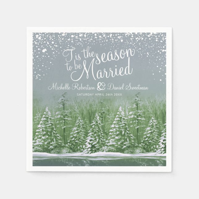 Winter wedding pine trees lake green gray art napkins (Front)