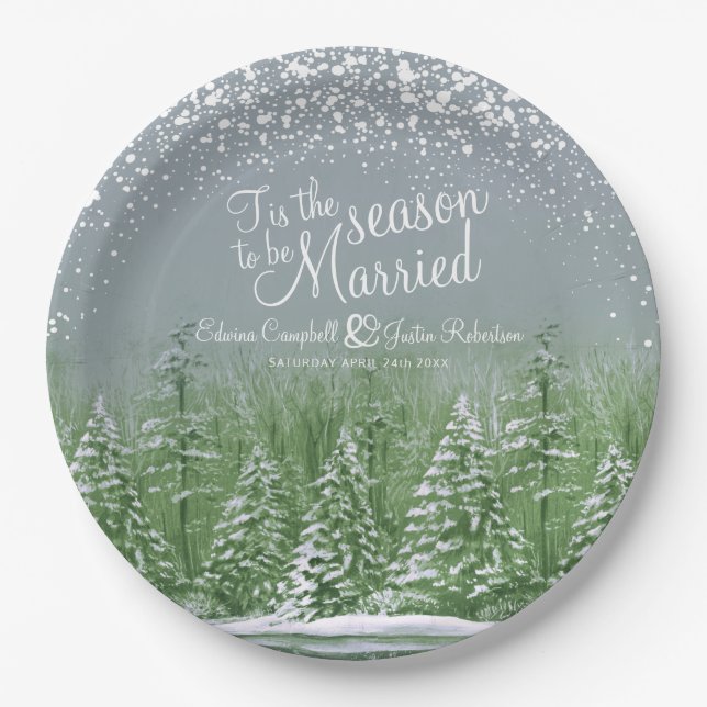 Winter wedding pine trees lake green gray art paper plates (Front)