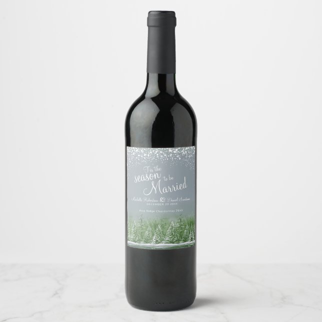 Winter wedding pine trees lake green gray art  wine label (Front)