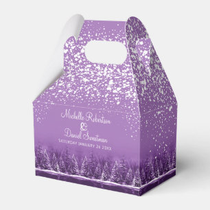 Winter wedding pine trees lake purple art favor boxes