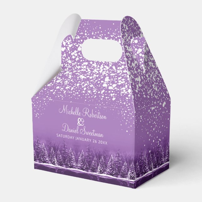 Winter wedding pine trees lake purple art favor boxes (Front Side)