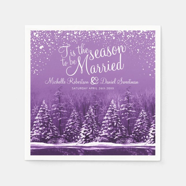 Winter wedding pine trees lake purple art napkins (Front)