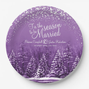 Winter wedding pine trees lake purple art paper plates