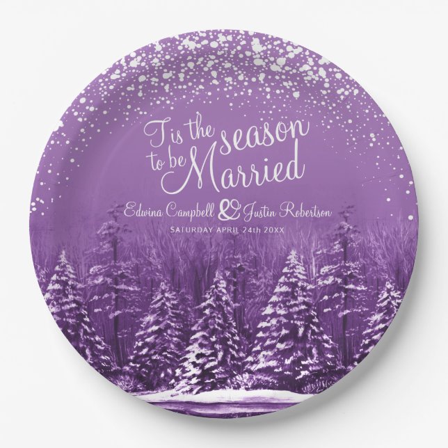 Winter wedding pine trees lake purple art paper plates (Front)