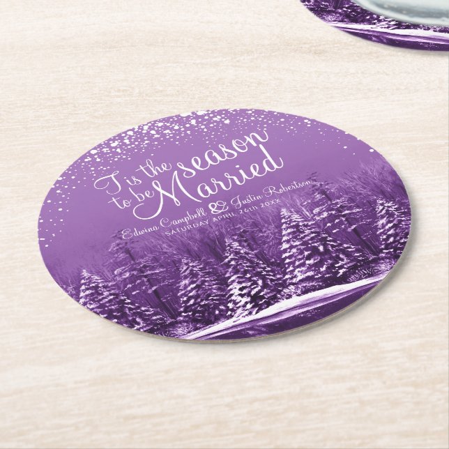 Winter wedding pine trees lake purple art round paper coaster (Angled)