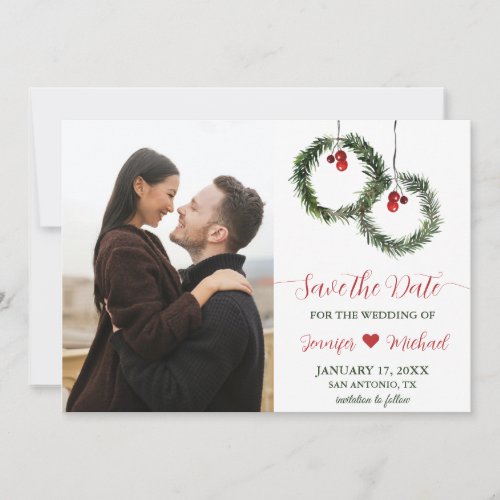 Winter Wedding Pine Wreath Holly Berries Photo Save The Date