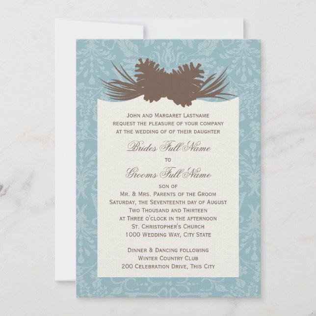Winter Wedding Pinecones and Damask Invitation (Front)