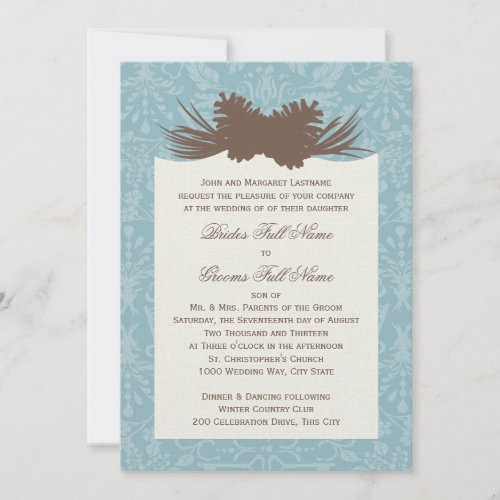 Winter Wedding Pinecones and Damask Invitations