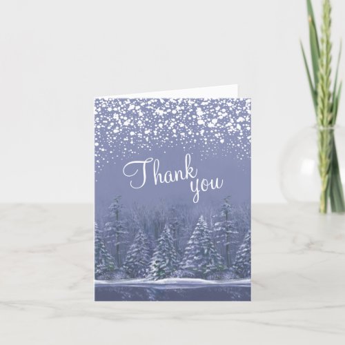 Winter wedding pines trees blue thank you cards