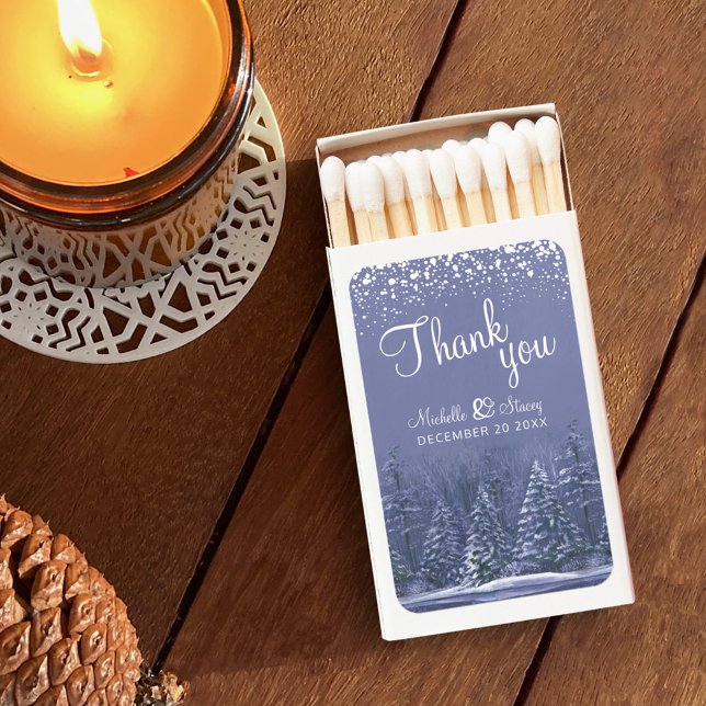 Winter wedding pines trees blue thank you matchboxes (Creator Uploaded)