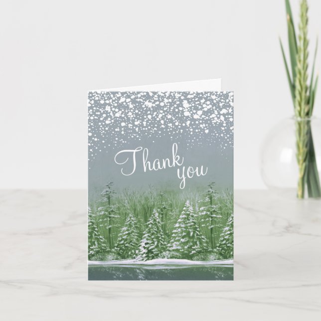 Winter wedding pines trees green thank you cards (Front)