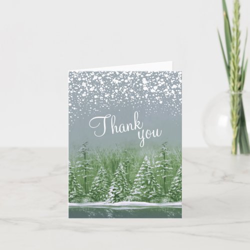 Winter wedding pines trees green thank you cards