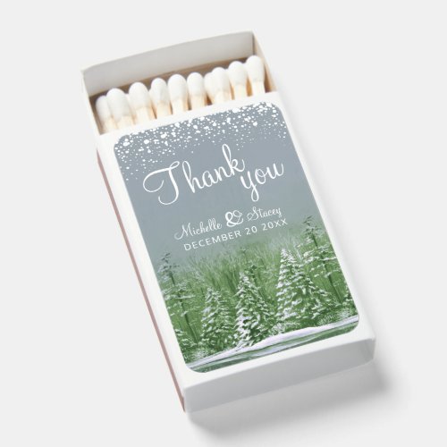 Winter wedding pines trees green thank you gray matchboxes