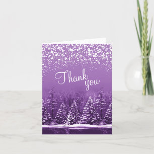 Winter wedding pines trees purple thank you cards