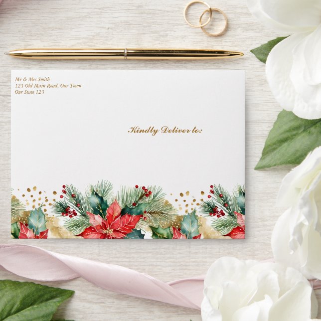 Winter wedding poinsettia red and gold  envelope (Wedding)