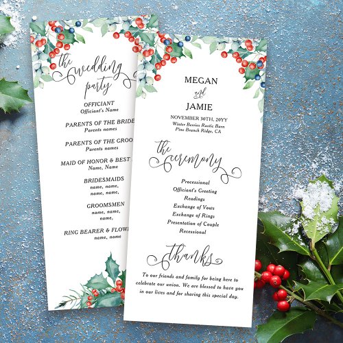 Winter Wedding Program with Elegant Text and Holly