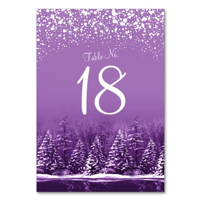 Winter wedding purple pine trees table numbers (Front)