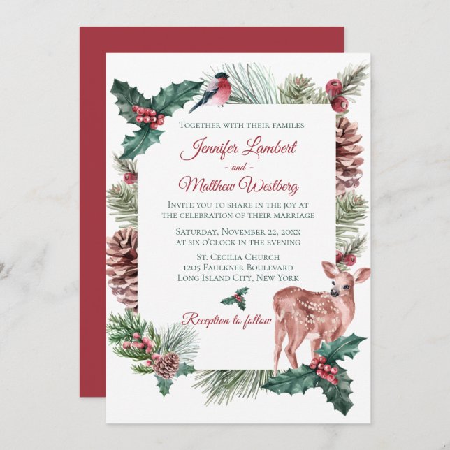 Winter Wedding Red Christmas Reindeer Deer Floral Invitation (Front/Back)