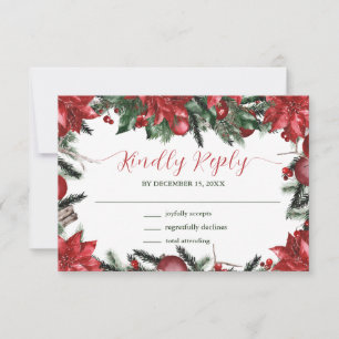 Winter Wedding Red Poinsettia Pine Greenery RSVP Card