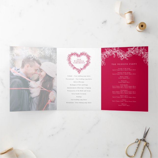 Winter wedding red white mistletoe botanical Tri-Fold program (Inside)