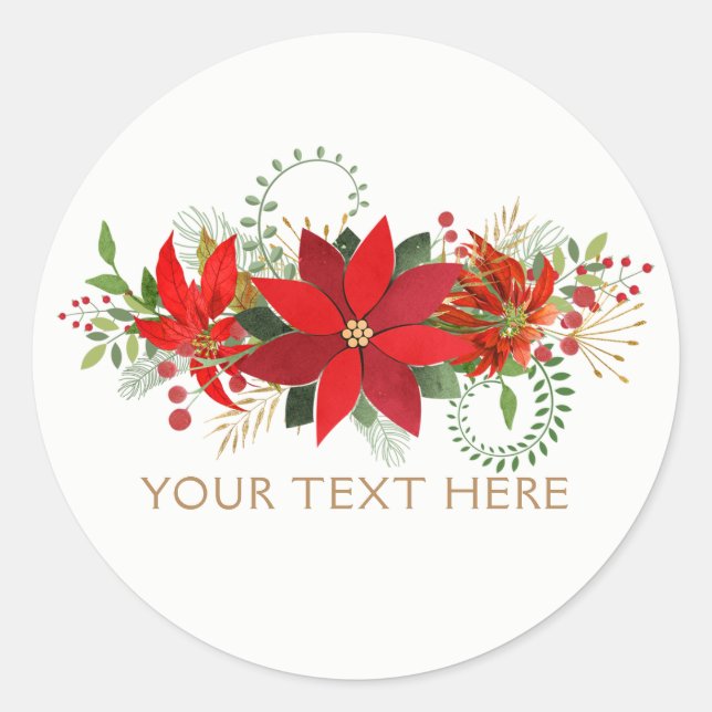 Winter Wedding Red White Poinsettia Holiday Favor Classic Round Sticker (Front)