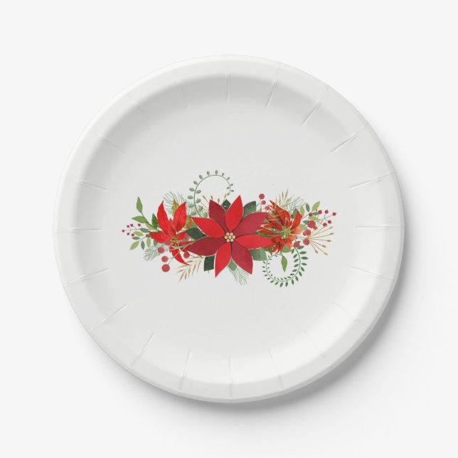 Winter Wedding Red White Poinsettia Holiday Party Paper Plates (Front)