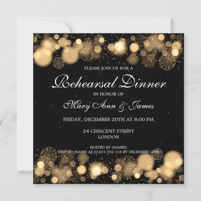Winter Wedding Rehearsal Dinner Gold Lights Invitation (Front)