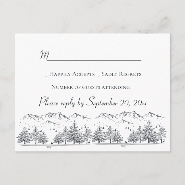 Winter Wedding RSVP Mountain Trees Country Rustic Invitation Postcard (Front)
